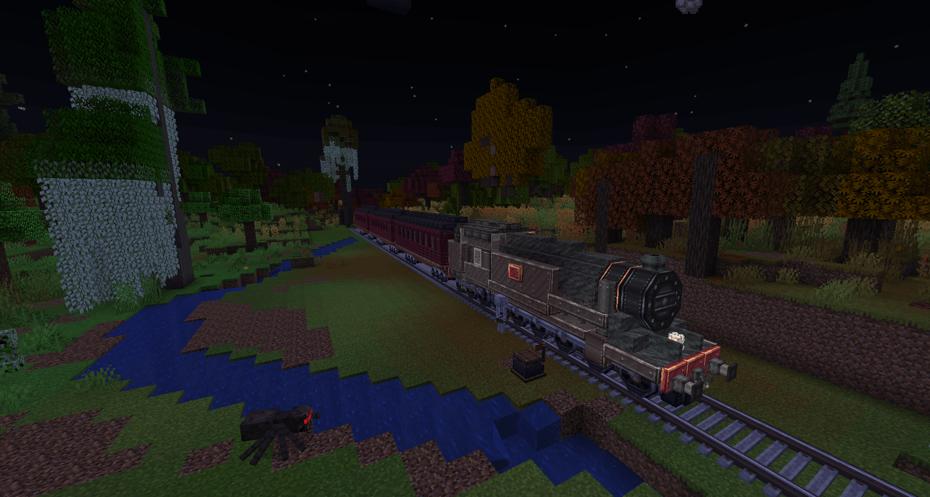 A steam locomotive pulling passenger cars through a colorful forest at night.