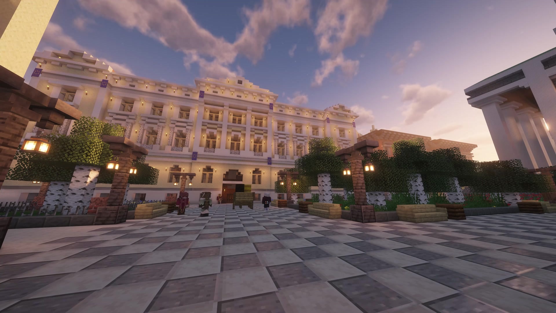 Players gathering in a European city plaza in Minecraft.
